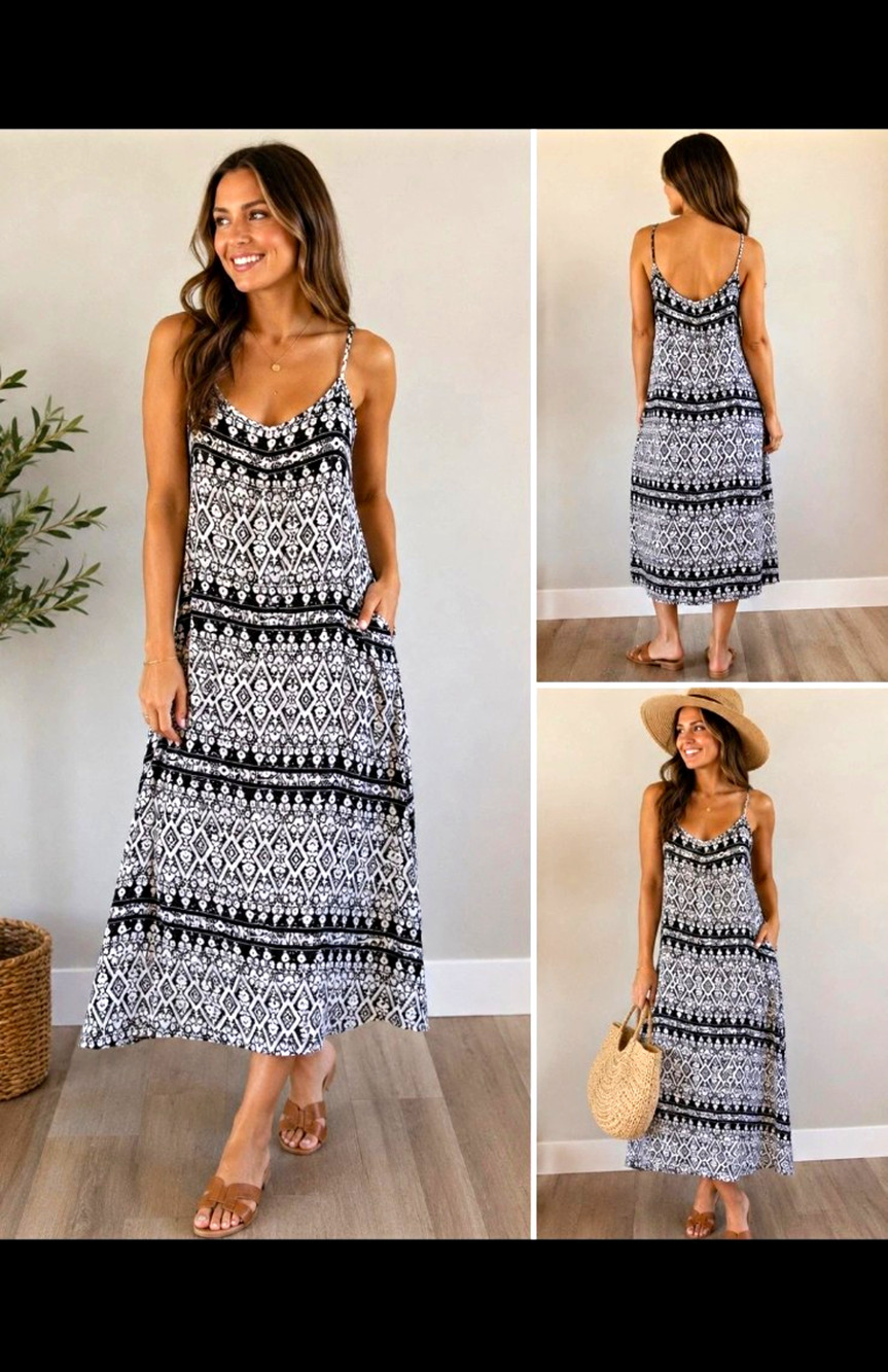 a.n.a A New Approach Womens Large Black White Boho Maxi Dress Adjustable Straps